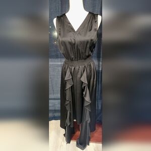 Karl Lagerfeld Black Ruffle Midi Dress Smocked Waist Sleeveless Size 6